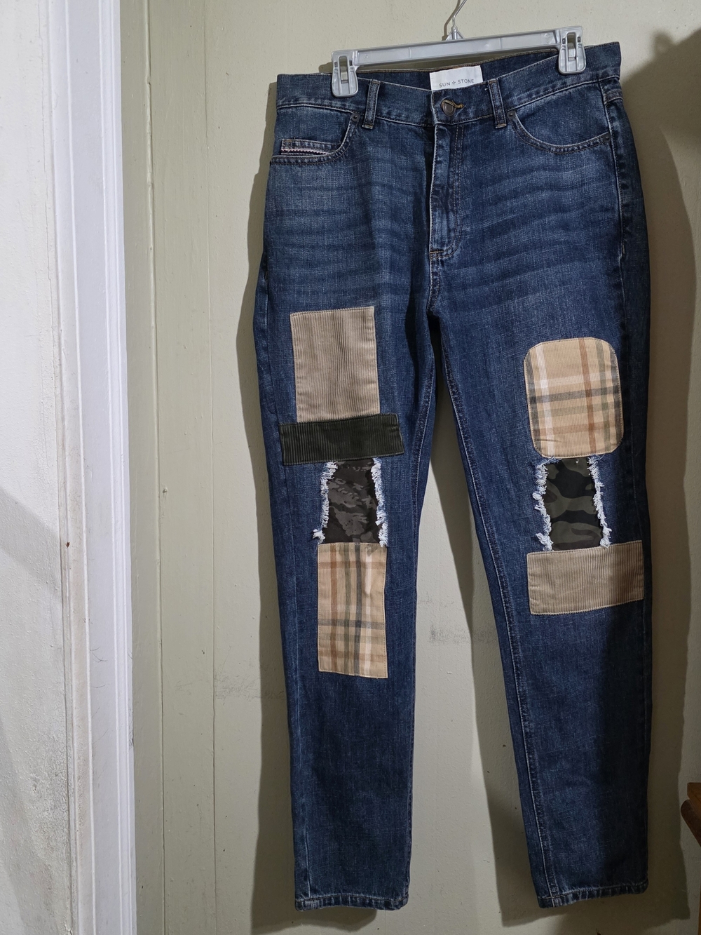 Sun + Stone Men's Pactchwork Denim JEANS DISTRESED Camo Plaid Cordury Size 30 Us
